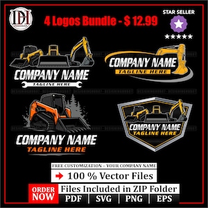 Baustellen Logo-Bundle | Bagger Kompaktlader Bulldozer LKW Logos | Bearbeitbares Vektor-Logo-Set | Sofortdownload | Pdf-Svg Eps Png