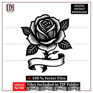Könnte beinhalten: Schwarz-weiß Rosenvektorgrafik mit detaillierten Blütenblättern und Blättern. Unter der Rose befindet sich ein Banner. Der Text enthält "DIGITALER SOFORT-DOWNLOAD", "100 % Vektordateien" und "Dateien im ZIP-Ordner enthalten".