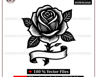 Rose svg, Rose with Banner Vector: Vintage Floral Tattoo, Wedding Decor (Digital Download)