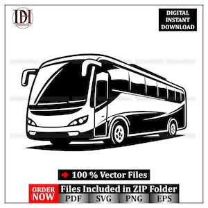 May include: Black and white vector illustration of a passenger bus. The bus has a streamlined design with multiple windows and a curved roof. Text includes "DIGITAL INSTANT DOWNLOAD" and "100% Vector Files".