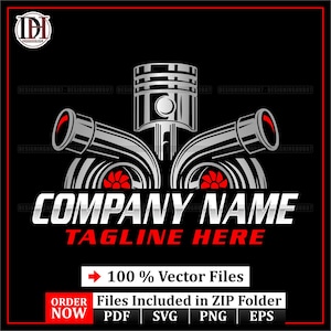 Puede incluir: Un logotipo negro y plateado con un pistón y dos turbocompresores con detalles en rojo. Las palabras "COMPANY NAME" están en blanco y "TAGLINE HERE" en rojo. La imagen también incluye el texto "100% Vector Files".