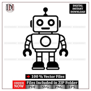 May include: Black and white vector illustration of a robot with a circular body and antenna. The image includes the text "DIGITAL INSTANT DOWNLOAD" and "100% Vector Files". Files are included in PDF, SVG, PNG, and EPS formats.