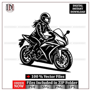 May include: Black and white vector graphic of a person riding a sport motorcycle. The rider wears a helmet and riding gear. The image includes the text "DIGITAL INSTANT DOWNLOAD" and "100% Vector Files".