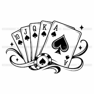 May include: A black and white graphic illustration of a royal flush in spades, featuring playing cards with the numbers 10, J, Q, K, and A, accompanied by a single poker chip with a spade symbol and decorative swirling lines and stars.