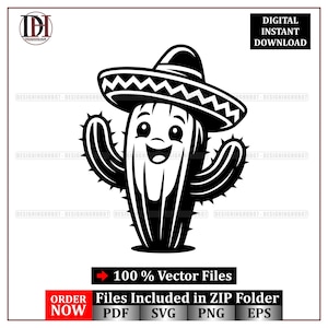 Puede incluir: Ilustración en blanco y negro de un cactus de dibujos animados sonriente con sombrero. La imagen incluye el texto "DESCARGA DIGITAL INSTANTÁNEA" y "100% Archivos Vectoriales".