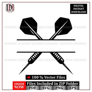 May include: A black and white vector graphic featuring two crossed darts, with the text "DIGITAL INSTANT DOWNLOAD" at the top. The image also includes the text "100% Vector Files" and "Files Included in ZIP Folder".