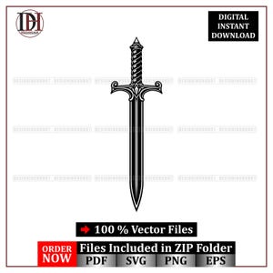 May include: Black and white vector illustration of a sword. The sword features a detailed hilt with a twisted grip and a symmetrical crossguard. The image includes the text "DIGITAL INSTANT DOWNLOAD" and "100% Vector Files".