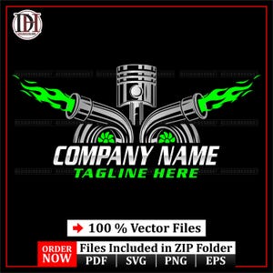 May include: A black graphic design featuring a piston, turbochargers, and green flames. The text "COMPANY NAME" and "TAGLINE HERE" are displayed in white and green. The image also includes "100% Vector Files" and file type icons.