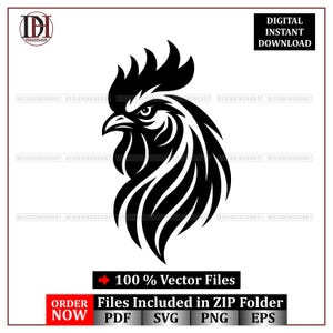 May include: A black and white vector illustration of a rooster's head. The image features a detailed design with bold lines and a stylized appearance. Text includes "DIGITAL INSTANT DOWNLOAD" and "100% Vector Files".