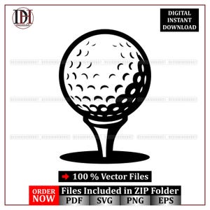 Può includere: Grafica vettoriale in bianco e nero di una pallina da golf su un tee. L'immagine include il testo "DOWNLOAD IMMEDIATO DIGITALE" e "File vettoriali al 100%". La parte inferiore dell'immagine include il testo "ORDINA ORA" e le icone dei tipi di file.