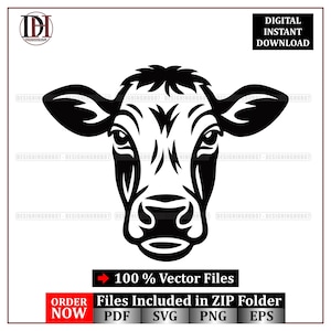 Op de afbeelding: Een zwart-wit vectorillustratie van een koeienkop. De afbeelding bevat de tekst "DIGITALE DIRECTE DOWNLOAD" en "100% Vectorbestanden". De afbeelding bevat ook de tekst "Bestanden in ZIP-map inbegrepen" en de bestandstypen PDF, SVG, PNG en EPS.