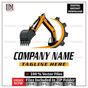 May include: A digital download logo design featuring an orange and black excavator with a gear and the text "COMPANY NAME" and "TAGLINE HERE". Includes "100% Vector Files" and file type options: PDF, SVG, PNG, EPS.