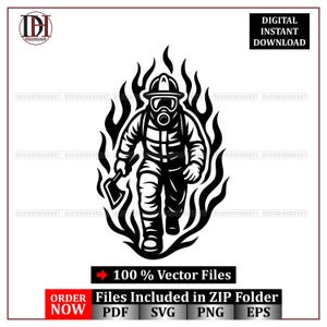 Puede incluir: Ilustración en blanco y negro de un bombero con equipo de protección, sosteniendo un hacha, rodeado de llamas. La imagen incluye el texto "DESCARGA DIGITAL INSTANTÁNEA" y "100% Archivos Vectoriales".