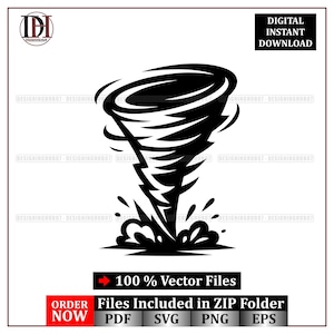Könnte beinhalten: Schwarz-weiße Vektorillustration eines Tornados mit dem Text "DIGITALER SOFORT-DOWNLOAD". Das Bild enthält auch den Text "100 % Vektordateien" und "Dateien im ZIP-Ordner enthalten".
