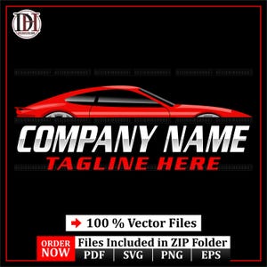 May include: A red sports car graphic on a black background. The words "COMPANY NAME" and "TAGLINE HERE" are displayed in white and red text. The image also includes the text "100% Vector Files" and file type icons.
