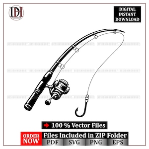 Puede incluir: Ilustración vectorial en blanco y negro de una caña de pescar con carrete y anzuelo. La caña es curva, con guías para la línea. La imagen incluye el texto "DESCARGA DIGITAL INSTANTÁNEA" y "100% Archivos vectoriales".