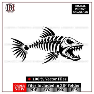 May include: Black and white vector illustration of a fish skeleton with an open mouth and sharp teeth. The image includes the text "DIGITAL INSTANT DOWNLOAD" and "100% Vector Files".