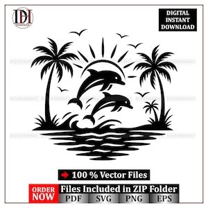 May include: Black and white vector graphic of a tropical scene with two dolphins leaping from ocean waves, palm trees, birds, and a sun. Text includes "DIGITAL INSTANT DOWNLOAD" and "100% Vector Files".