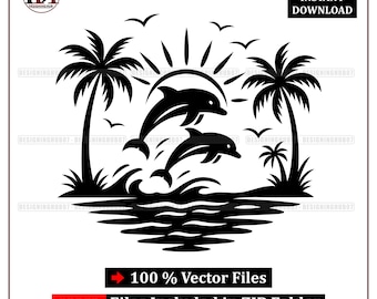 Dolphin Beach Scene SVG: Sunset Palm Trees Vector (Digital Download)