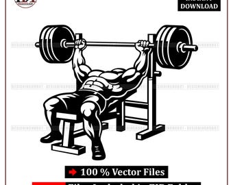 May include: Black and white vector illustration of a weightlifter bench pressing. The image includes the text "DIGITAL INSTANT DOWNLOAD" and "100% Vector Files". The image also includes the text "ORDER NOW" and the file types PDF, SVG, PNG, and EPS.