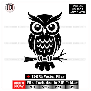 Könnte beinhalten: Schwarz-weiße Vektorillustration einer Eule, die auf einem Ast sitzt. Die Eule hat große Augen und detaillierte Federmuster. Das Bild enthält den Text "DIGITALER SOFORT-DOWNLOAD" und "100 % Vektordateien".
