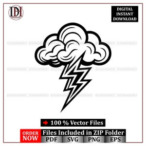 Puede incluir: Gráfico vectorial en blanco y negro de una nube con rayos. La imagen incluye el texto "DESCARGA INSTANTÁNEA DIGITAL" y "100% Archivos vectoriales". La imagen también incluye el texto "ORDENAR AHORA" y los tipos de archivo PDF, SVG, PNG y EPS.