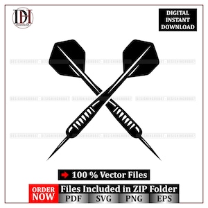 Puede incluir: Ilustración vectorial en blanco y negro de dos dardos cruzados. La imagen incluye el texto "DESCARGA INSTANTÁNEA DIGITAL" y "100% Archivos Vectoriales". La imagen también incluye el texto "Archivos incluidos en la carpeta ZIP" y "ORDENAR AHORA".