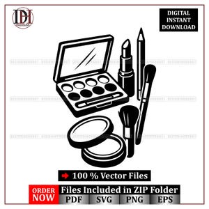 May include: Black and white vector illustration of makeup essentials, including an eyeshadow palette, lipstick, eyeliner, brushes, and compact powder. The image includes the text "DIGITAL INSTANT DOWNLOAD" and "100% Vector Files".