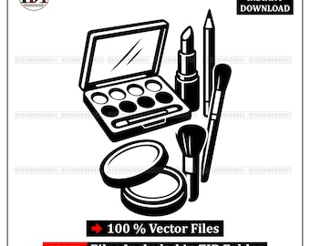 May include: Black and white vector illustration of makeup essentials, including an eyeshadow palette, lipstick, eyeliner, brushes, and compact powder. The image includes the text "DIGITAL INSTANT DOWNLOAD" and "100% Vector Files".
