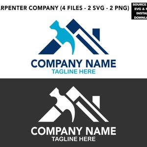Puede incluir: Un diseño de logotipo azul y blanco para una empresa de carpintería. El logotipo presenta un martillo estilizado y una forma de casa. El texto "COMPANY NAME" y "TAGLINE HERE" está debajo del logotipo.