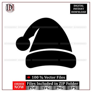 Könnte beinhalten: Schwarze Silhouette eines Weihnachtsmützenhuts mit weißem Rand. Das Bild enthält den Text "DIGITALER SOFORT-DOWNLOAD" und "100% Vektor-Dateien". Das Bild enthält auch den Text "JETZT BESTELLEN" und "Dateien im ZIP-Ordner enthalten".