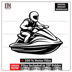 May include: Black and white vector illustration of a person riding a jet ski. The rider is wearing a helmet and riding gear. The image includes the text "DIGITAL INSTANT DOWNLOAD" and "100% Vector Files". The image also includes the text "ORDER NOW" and file type icons.