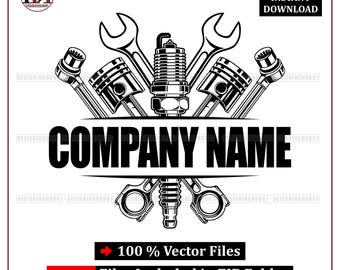 Può includere: Grafica in bianco e nero a tema meccanico con chiavi inglesi, pistoni, una candela e bielle. Il testo "COMPANY NAME" è centrato, con "DIGITAL INSTANT DOWNLOAD" in alto. Include "100% Vector Files" e icone dei tipi di file.