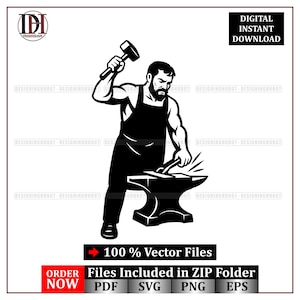 Könnte beinhalten: Schwarz-Weiß-Illustration eines Schmieds, der Metall auf einem Amboss bearbeitet. Das Bild enthält den Text "DIGITALER SOFORT-DOWNLOAD" und "100% Vektor-Dateien". Das Bild enthält auch den Text "Dateien im ZIP-Ordner enthalten" und "JETZT BESTELLEN".
