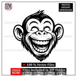 Könnte beinhalten: Schwarz-Weiß-Illustration eines lächelnden Affengesichts. Das Bild enthält den Text "DIGITALER SOFORT-DOWNLOAD", "100% Vektor-Dateien" und "Dateien im ZIP-Ordner enthalten" mit PDF-, SVG-, PNG- und EPS-Dateityp-Symbolen. Design von DESIGNINGHUB07.