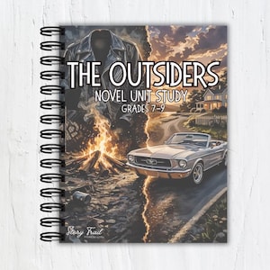 May include: Spiral-bound notebook with the title "The Outsiders" and the text "Novel Unit Study Grades 7-9." The cover features a vintage car, a bonfire, and a leather jacket illustration. The Story Trail logo is at the bottom.