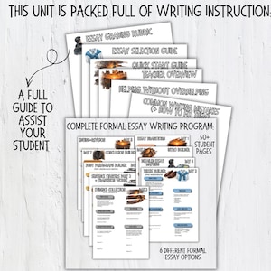 May include: A collection of printed educational materials for essay writing. The documents include guides, rubrics, and programs for students. The text on the documents includes "Essay Grading Rubric", "Essay Selection Guide", and "Complete Formal Essay Writing Program".
