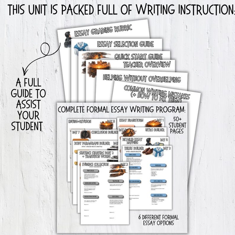 May include: A collection of printed educational materials for essay writing. The documents include guides, rubrics, and programs for students. The text on the documents includes "Essay Grading Rubric", "Essay Selection Guide", and "Complete Formal Essay Writing Program".