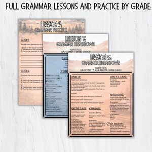 May include: Educational grammar lesson sheets with titles like "Lesson 9: Grammar Practice" and "Lesson 7: Grammar Breakdown." The sheets cover topics such as clauses and sentence structure. The text "FULL GRAMMAR LESSONS AND PRACTICE BY GRADE" is at the top.
