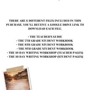 May include: Image with the word "DOWNLOADS" at the top. Text below states there are 6 files included, accessible via a Google Drive link. Includes: Teacher's Guide, 7th, 8th, and 9th grade workbooks, and a 10-day writing workshop.