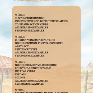 May include: A tan educational poster with the title "UNIT SPECIFIC GRAMMAR CONCEPTS" at the top. The poster lists grammar topics for four weeks, including sentence structure, verbs, and conjunctions. A landscape illustration is in the background.