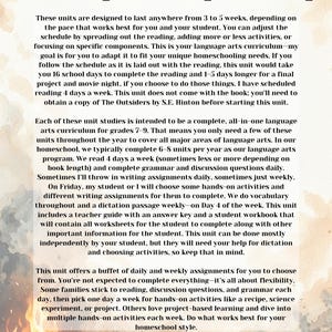 May include: A beige-toned page with the title "HOW TO USE THIS UNIT" in large, bold, black letters. The text below explains the unit's structure, duration, and adaptability for homeschooling language arts curriculum for grades 7-9.
