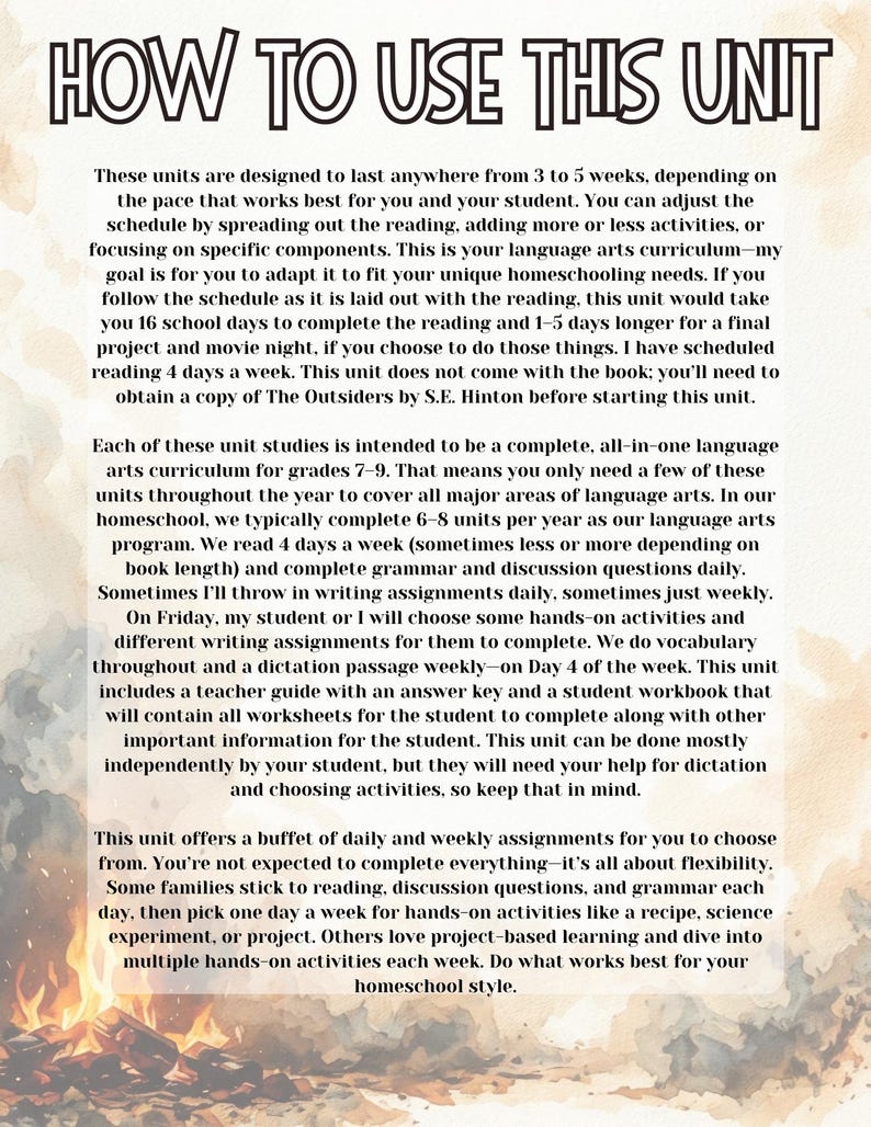 May include: A beige-toned page with the title "HOW TO USE THIS UNIT" in large, bold, black letters. The text below explains the unit's structure, duration, and adaptability for homeschooling language arts curriculum for grades 7-9.