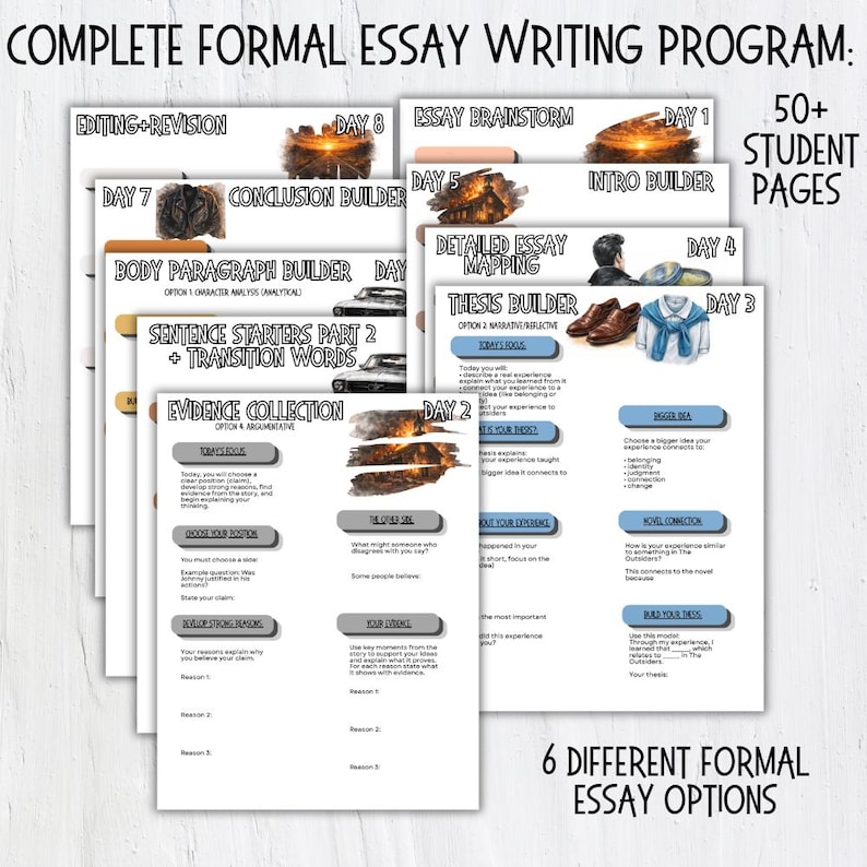 May include: A Complete Formal Essay Writing Program with 50+ student pages. The image shows 6 different formal essay options, including editing, revision, essay brainstorm, intro builder, conclusion builder, and body paragraph builder.