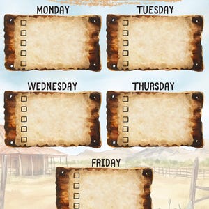 May include: A Week 1 Planner Page with a rustic, western theme. The page features five days, Monday through Friday, each with a rectangular space for notes and checkboxes. The background has a watercolor effect with a desert landscape.