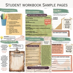 May include: Educational workbook pages with grammar lessons, verb exercises, and reading comprehension activities. Includes examples of sentence structure, verb identification, and literary devices. Features colorful text and illustrations.