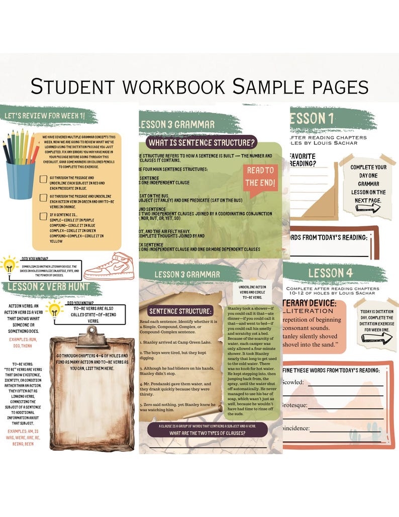 May include: Educational workbook pages with grammar lessons, verb exercises, and reading comprehension activities. Includes examples of sentence structure, verb identification, and literary devices. Features colorful text and illustrations.