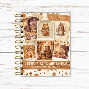 May include: A spiral-bound educational workbook titled Curious Tales for Autumn Days: A Fall Unit Study for PK-3rd Grade. The cover features illustrations of a rabbit, hamster, mouse, cat, bear, and hedgehog in autumn settings.