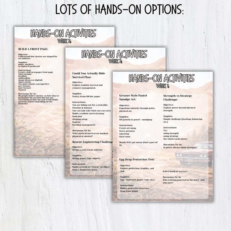 May include: Three beige-toned activity sheets with black text, titled "Hands-On Activities." The top sheet reads "Week 3," and the others read "Week 2" and "Week 1." The text includes activity objectives, supplies, and instructions for various projects.