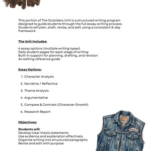 May include: A digital educational resource titled "Teacher Overview" with text describing an essay-writing program. The image includes a denim vest with the word "Greasers" on a patch. The program includes essay options and objectives for students.